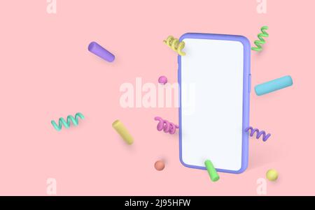 3D Süße Cartoon Handy-Smartphone mit Konfetti fliegen herum. Vektorgrafik. Stock Vektor