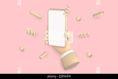 3D Cute Cartoon Charakter Hand hält Handy mit Konfetti herumfliegen. Vektorgrafik. Stock Vektor