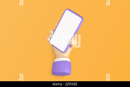 3D Cute Cartoon Charakter Hand hält Handy auf gelbem Hintergrund. Vektorgrafik. Stock Vektor