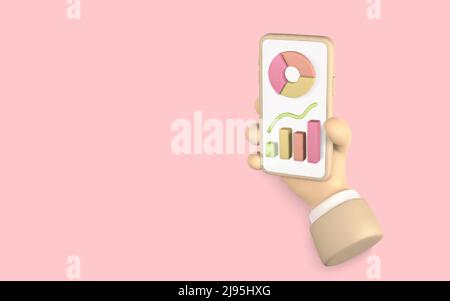 3D Cute Cartoon Charakter Hand hält Handy mit Markt-Trend-Grafiken und Business-Analyse. Infografik und Statistiken. Geschäftsdiagramm. Stock Vektor