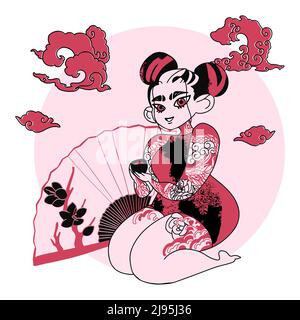 Japanische Anime Mädchen mit Doacon Tattoo. Geisha Illustration mit Zeichnung im japanischen Stil Stock Vektor