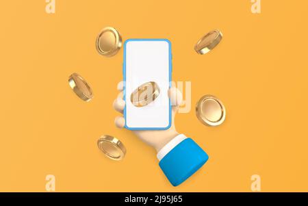 Cartoon Charakter Hand mit Smartphone und fliegende Goldmünzen. Vektorgrafik. Stock Vektor