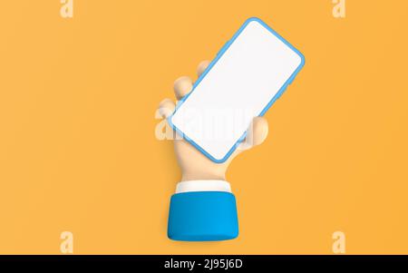 Zeichentrickfigur Hand mit Smartphone, Scrollen oder die Suche nach etwas. 3D Rendering Hand Geschäftsmann in Anzug. Vektorgrafik. Stock Vektor