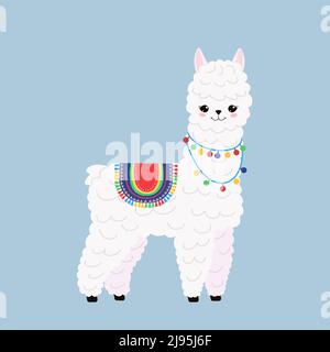 Lustiges Lama isoliert auf blauem Hintergrund. Niedlicher Kawaii Alpaka-Charakter Stock Vektor