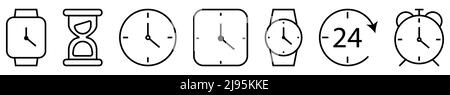 Uhrzeit- und Uhrzeilensymbole. Vektordarstellung auf weißem Hintergrund isoliert Stock Vektor