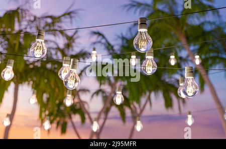 3D Illustration von Glühbirnen, die an Drähten an exotischen Palmen und dem Sonnenuntergang am Strand hängen Stockfoto