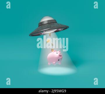 3D Illustration von UFO, das vor türkisfarbenem Hintergrund mit Lichtstrahl fliegt, um Sparschwein mit Münzen zu entführen Stockfoto