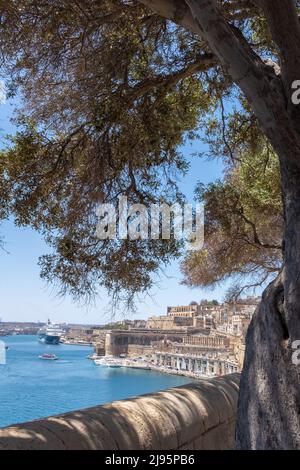 Blick auf den Grand Harbour und Valletta von den Lower Barrakka Gardens, Valletta, Malta Stockfoto