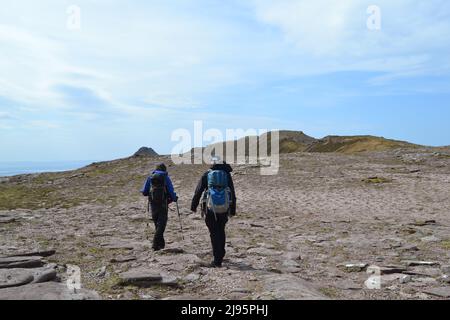 Ben Mor Coigach, ein fabelhafter Bergrücken in der Nähe von Ullapool, Wanderer, Spaziergänger, Blick auf die Sommerinseln und den Suilven-Berg, Stac Poilaidh und Cul Mor-Blick auf Sandstein Stockfoto