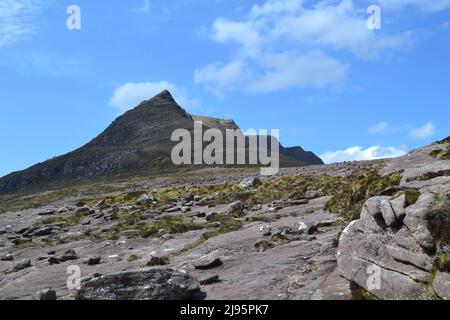 Ben Mor Coigach, ein fabelhafter Bergrücken in der Nähe von Ullapool, Wanderer, Spaziergänger, Blick auf die Sommerinseln und den Suilven-Berg, Stac Poilaidh und Cul Mor-Blick auf Sandstein Stockfoto