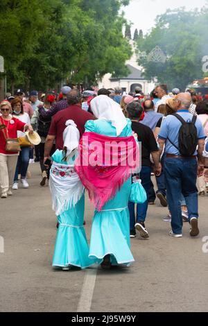 Madrid, Spanien; 15.. Mai 2022: Eine Gruppe von Leuten besucht die Stände auf der Messe Saint Isidro. Mutter und Tochter mit dem Rücken in T gekleidet Stockfoto