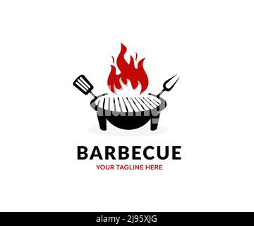 BBQ Grill, Grillen, Kochen, Fleisch. Flammender Barbecue-Grill mit Logo-Design für Kochmahlzeiten. Barbecue-Feuer mit runden Grill Vektor-Design und il Stock Vektor