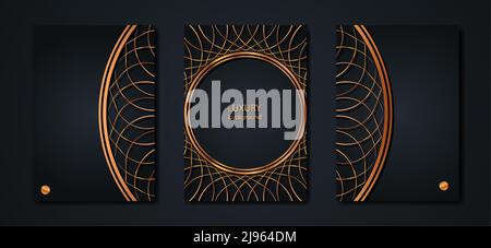 Set Black Card Dekorative runde goldene Rahmen Mandala für Design mit floralen Ornamenten. Kreisrandschablone zum Drucken von Postkarten, Einladungen, Büchern, Stock Vektor