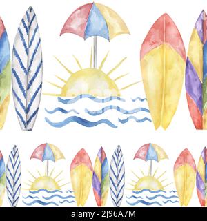 Aquarell Sommer Strand nahtlose Grenze, niedlichen Strand Rahmen mit Surfbrett, Karten machen Stockfoto