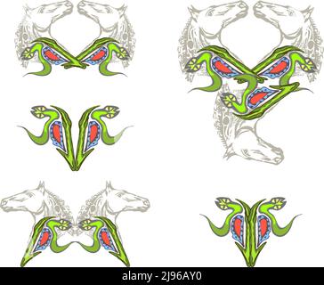 Pferdekopf und grüne Schlange Symbole für Drucke oder Modetrends. Pferde- und Schlangensymbole in Herzform für Umweltkonzepte, Textilien Stockfoto