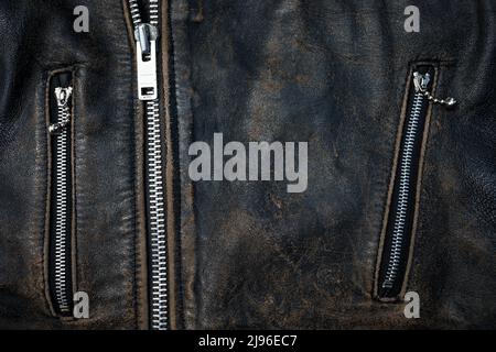 Alte Leder Biker Jacke schwarz Textur Hintergrund Stockfoto