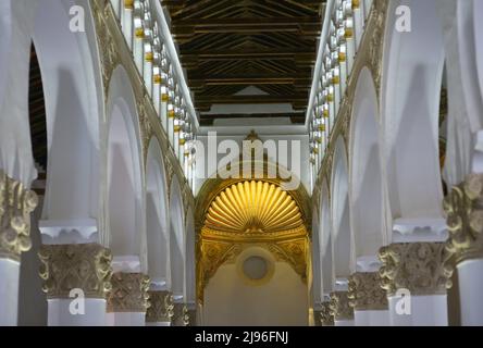Spanien, Kastilien-La Mancha, Toledo. Synagoge von Santa Maria la Blanca. Im Jahr 1180 finanzierte die jüdische Gemeinde von Toledo den Bau der Kirche im Mudejar-Stil, die von muslimischen Bauherren ausgeführt wurde. Die Kuppel der Kopfzeile wurde während der Reform von 1550 gebaut, die Alonso de Covarrubias (1488-1570) zugeschrieben wurde. Architektonisches Detail des Innenraums eines Hauptschiffes. Stockfoto