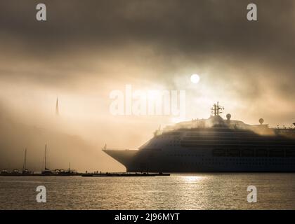 Cobh, Cork, Irland. 15.. Mai 2022. Der Turm der St Colman’s Cathedral ist nur sichtbar, wenn Nebel und aufgehende Sonne den Kreuzfahrtdampfer Jewel begrüßen Stockfoto