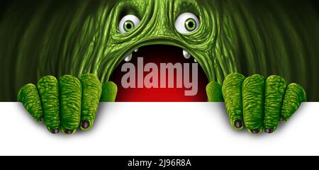 Grünes Monster Zeichen als Alien Kreatur mit offenem Mund als lustige gruselige Oger oder gruseligen Dämon mit Copy Space oder leeren Textbereich als festliche Holid Stockfoto