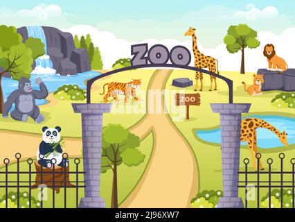 Zoo Cartoon Illustration mit Safari Tiere Elefant, Giraffe, Löwe, Affe, Panda, Zebra und Besucher auf dem Territorium im Waldhintergrund Stock Vektor