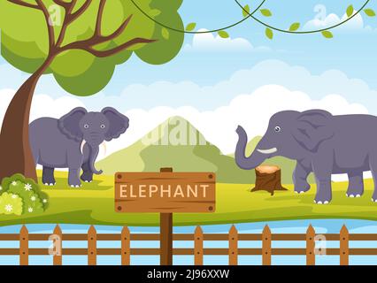 Zoo Cartoon Illustration mit Safari Tiere Elefant, Käfig und Besucher auf Territory auf Wald Hintergrund-Design Stock Vektor