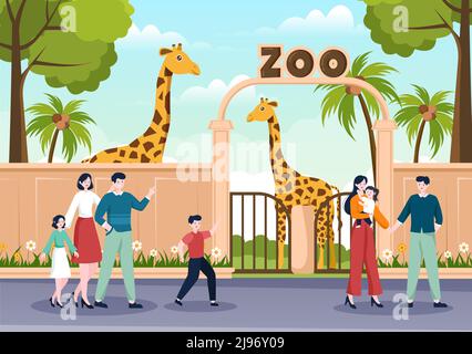 Zoo Cartoon Illustration mit Safari Tiere Giraffe, Käfig und Besucher auf Territory auf Wald Hintergrund Design Stock Vektor