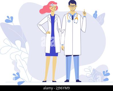 Praktizierende Ärzte junger Mann und Frau stehen zusammen auf Pflanzenhintergrund. Beratung und Diagnose. Stock Vektor