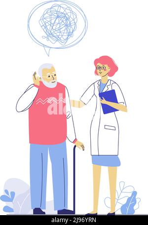 Eine Praktizierende Ärztin und ein älterer Mann mit alzheimer-Krankheit. Beratung und Diagnose von psychischen Problemen. Stock Vektor