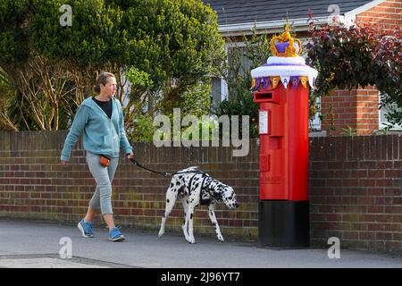 Weymouth, Dorset, Großbritannien. 21. Mai 2022. Ein Hundespaziergänger passiert eine Briefbox in Weymouth in Dorset, die zur Feier des Platin-Jubiläums der Königin mit einer gehäkelten Staatskrone geschmückt wurde. Das Platin-Jubiläum von Elisabeth II. Wird vom 2. Juni bis 5. Juni 2022 im Vereinigten Königreich und im Commonwealth zum 70.. Jahrestag des Beitritts von Königin Elizabeth II. Am 6. Februar 1952 gefeiert. Bildnachweis: Graham Hunt/Alamy Live News Stockfoto