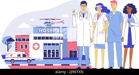 Gruppe von Praktizierenden Ärzte junger Mann und Frau, die zusammen in der Nähe des Klinikgebäudes stehen. Stock Vektor