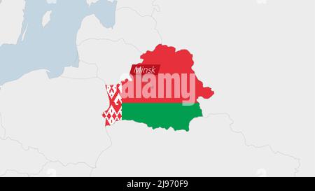 Weißrussland Karte hervorgehoben in Belarus Flaggen Farben und Pin der Landeshauptstadt Minsk, Karte mit benachbarten europäischen Ländern. Stock Vektor
