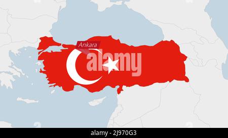 Türkei-Karte in den Farben der türkischen Flagge und der Anstecknadel der Landeshauptstadt Ankara hervorgehoben, Karte mit den europäischen Nachbarländern. Stock Vektor