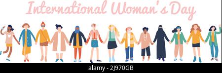 Weibliche verschiedene Charaktere unterschiedlicher Ethnie und Alter stehen zusammen und halten die Hände. Stock Vektor
