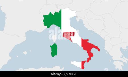 Italien Karte hervorgehoben in Italien Flaggen Farben und Pin der Landeshauptstadt Rom, Karte mit benachbarten europäischen Ländern. Stock Vektor