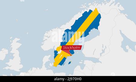 Schweden Karte hervorgehoben in Schweden Flaggen Farben und Pin der Landeshauptstadt Stockholm, Karte mit benachbarten europäischen Ländern. Stock Vektor