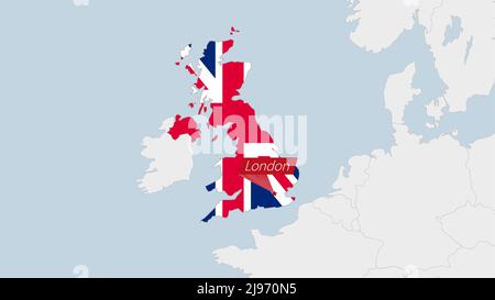 Karte des Vereinigten Königreichs in den Farben der britischen Flagge und der Anstecknadel der Landeshauptstadt London hervorgehoben, Karte mit den europäischen Nachbarländern. Stock Vektor