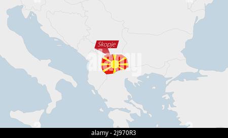 Nordmakedonien-Karte in den Farben der Flagge Mazedoniens und der Anstecknadel der Landeshauptstadt Skopje hervorgehoben, Karte mit den europäischen Nachbarländern. Stock Vektor