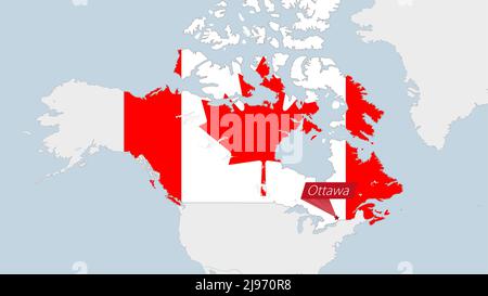 Kanada Karte hervorgehoben in Kanada Flaggen Farben und Pin der Landeshauptstadt Ottawa, Karte mit benachbarten amerikanischen Ländern. Stock Vektor