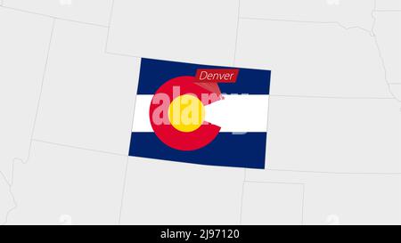 US-Bundesstaat Colorado Karte in den Farben der Colorado-Flagge und der Anstecknadel der Landeshauptstadt Denver hervorgehoben, Karte mit den Nachbarstaaten. Stock Vektor