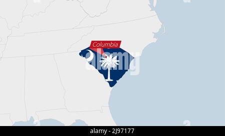 Karte DES US-Bundesstaates South Carolina, hervorgehoben in den Farben der Flagge von South Carolina und in der Anstecknadel der Landeshauptstadt Columbia, Karte mit den Nachbarstaaten. Stock Vektor