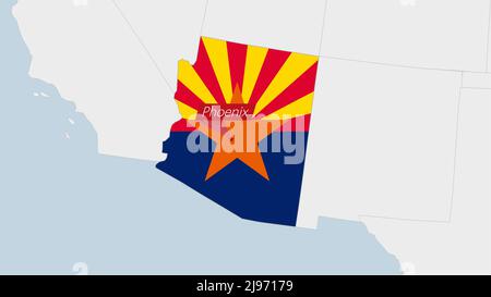 US State Arizona Karte hervorgehoben in Arizona Flaggen Farben und Pin der Landeshauptstadt Phoenix, Karte mit benachbarten Staaten. Stock Vektor