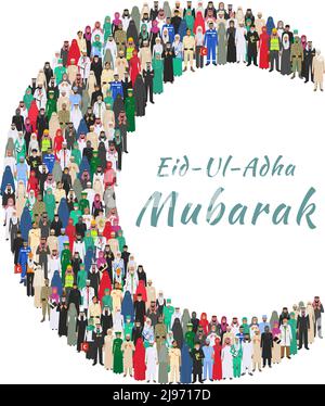 Muslimischer Feiertag Eid al-Adha. Arabischer Mann und Frau verschiedene Berufe stehen zusammen in Form von Halbmond auf weißem Hintergrund in flachem Stil. Fla Stock Vektor
