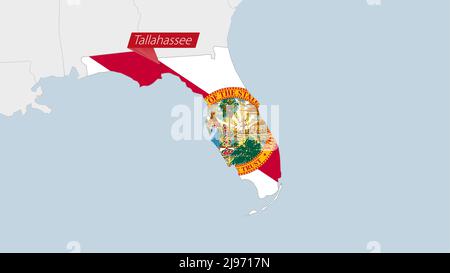 US State Florida Karte in Florida Flaggen Farben und Pin der Landeshauptstadt Tallahassee hervorgehoben, Karte mit benachbarten Staaten. Stock Vektor