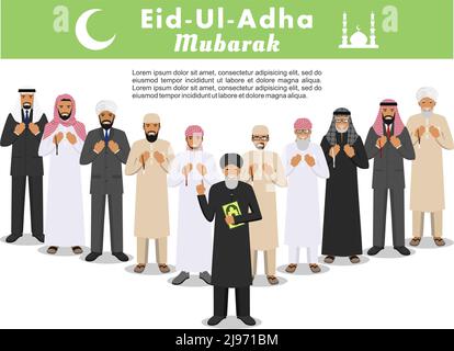 Muslimischer Feiertag Eid al-Adha. Fest des Opfers. Islamische Menschen stehen mit Perlen in den Händen zusammen und beten. Mufti mit dem koran. Vektorgrafiken Stock Vektor