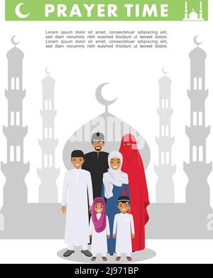 Gebetszeit. Arabische Familie steht zusammen in traditionellen islamischen Kleidern auf dem Hintergrund mit Silhouette Moschee und Minarette in flachem Stil. Araber Stock Vektor