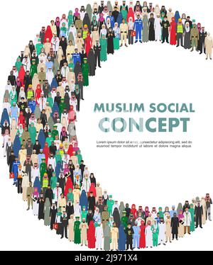 Arabischer Mann und Frau verschiedene Berufe stehen zusammen in Form von Halbmond auf weißem Hintergrund in flachem Stil. Flaches Design für Menschen. Stock Vektor