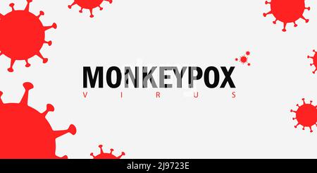 Banner mit der Aufschrift monkeypox Virus und einer kleinen Ikone des roten Virus. Große Symbole, die Definition einer Virusinfektion in einer roten Farbe um Stock Vektor