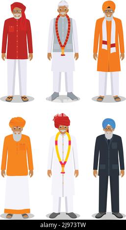 Detaillierte Darstellung verschiedener stehender indischer alter Männer in der traditionellen nationalen indischen Kleidung isoliert auf weißem Hintergrund in flachem Stil. Stock Vektor