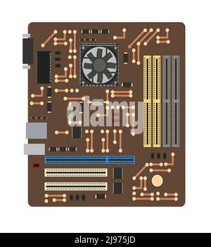 Hauptplatine mit Anschluss für Grafikkarte und RAM. Ersatzteil für PC. PC- oder Laptop-Zubehör. Isoliert auf weißem Hintergrund. Vektor. Stock Vektor