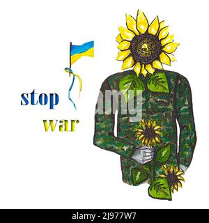 Aquarell-Illustration Sonnenblume in Soldatenform.Militäruniform mit Sonnenblume.Blühende Sonnenblumen.Stoppt den Krieg.Ruhm der Ukraine.unterstützt die Ukraine.Nein Stockfoto